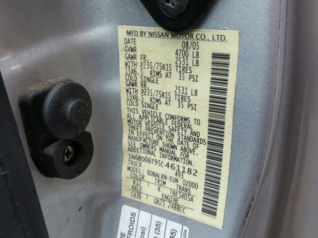 1N6BD06T95C461182 - 2005 NISSAN FRONTIER K SILVER photo 10