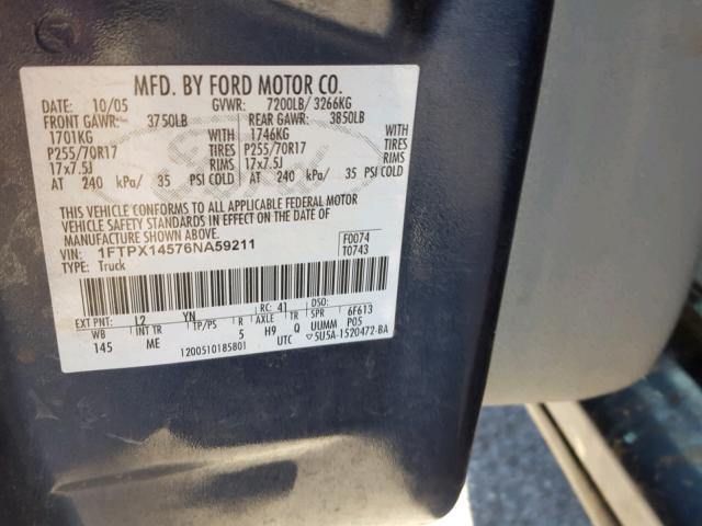 1FTPX14576NA59211 - 2006 FORD F150 BLUE photo 10