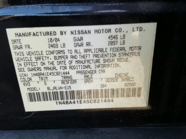 1N4BA41E45C821444 - 2005 NISSAN MAXIMA SE BLACK photo 10