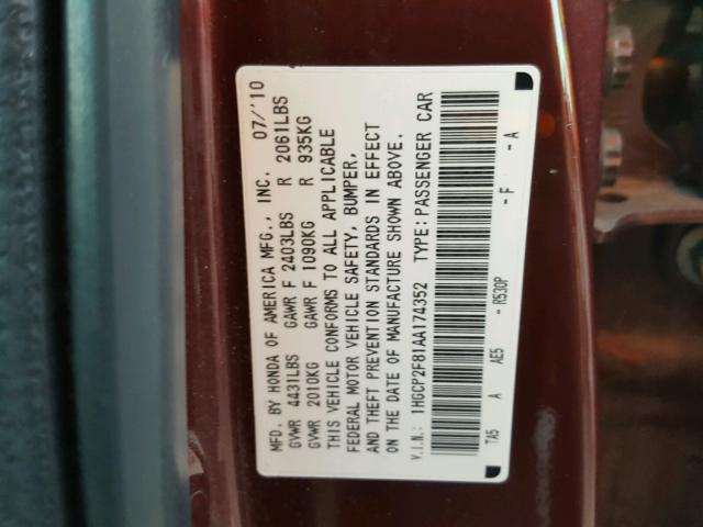 1HGCP2F81AA174352 - 2010 HONDA ACCORD EXL BURGUNDY photo 10