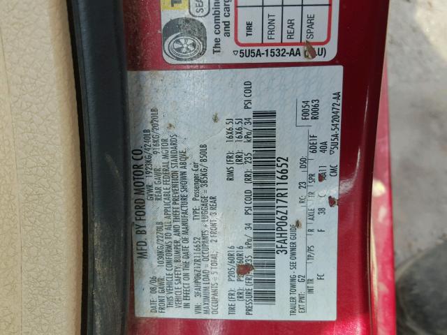 3FAHP06Z17R116652 - 2007 FORD FUSION S RED photo 10