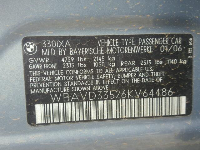 WBAVD33526KV64486 - 2006 BMW 330XI BLUE photo 10