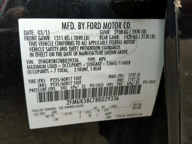 2FMGK5BC7BBD29336 - 2011 FORD FLEX SE BLACK photo 10