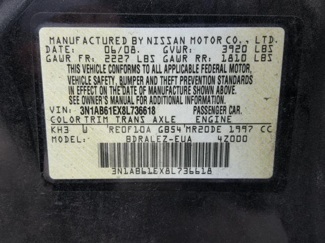 3N1AB61EX8L736618 - 2008 NISSAN SENTRA 2.0 BLACK photo 10