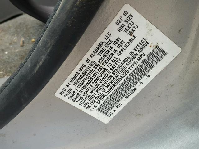 5FNRL3H65AB054325 - 2010 HONDA ODYSSEY EX SILVER photo 10