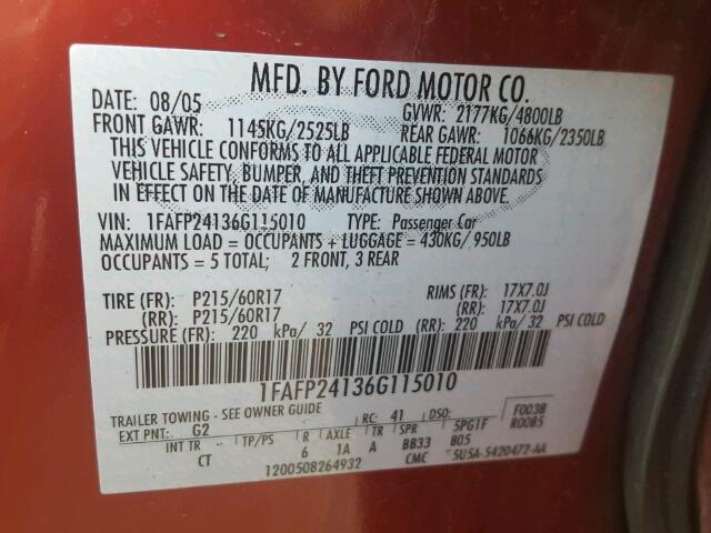 1FAFP24136G115010 - 2006 FORD FIVE HUNDR RED photo 10