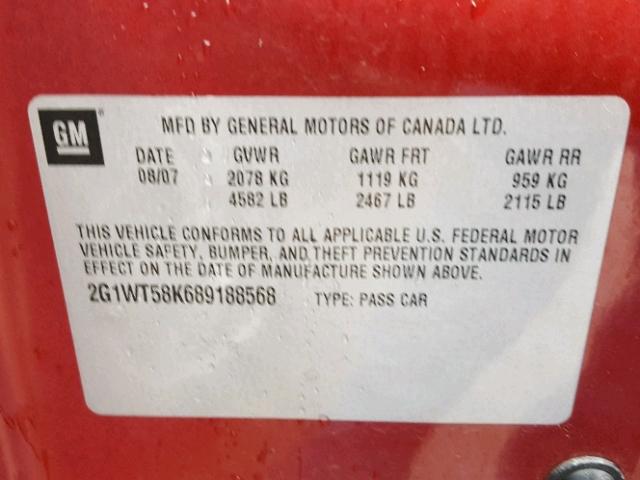 2G1WT58K689188568 - 2008 CHEVROLET IMPALA LT RED photo 10