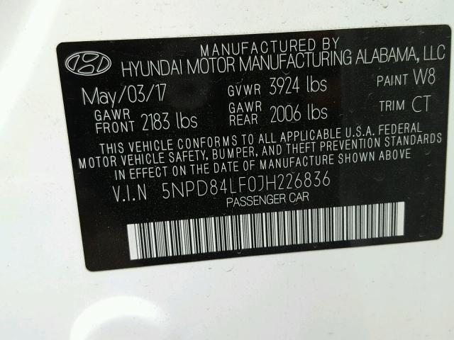 5NPD84LF0JH226836 - 2018 HYUNDAI ELANTRA SE WHITE photo 10