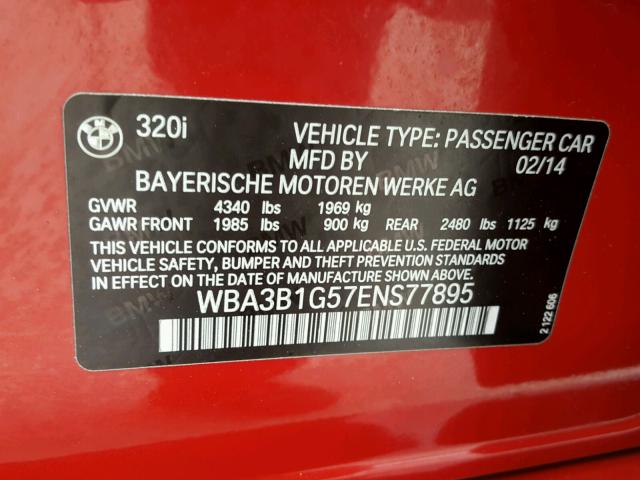 WBA3B1G57ENS77895 - 2014 BMW 320 I RED photo 10