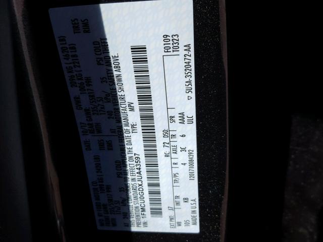 1FMCU0GDXJUA43597 - 2018 FORD ESCAPE SE GRAY photo 10