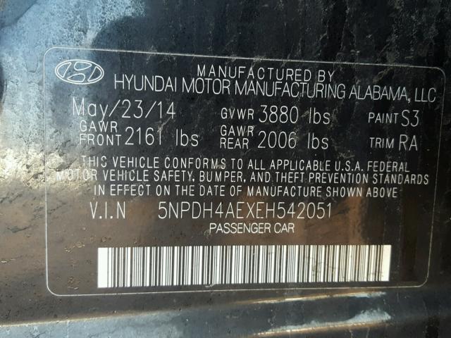 5NPDH4AEXEH542051 - 2014 HYUNDAI ELANTRA SE BLACK photo 10