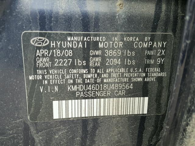 KMHDU46D18U489564 - 2008 HYUNDAI ELANTRA GL BLUE photo 10