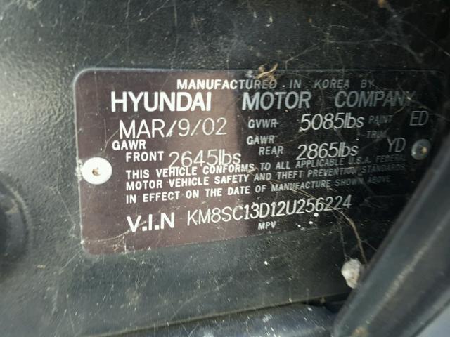 KM8SC13D12U256224 - 2002 HYUNDAI SANTA FE G BLACK photo 10