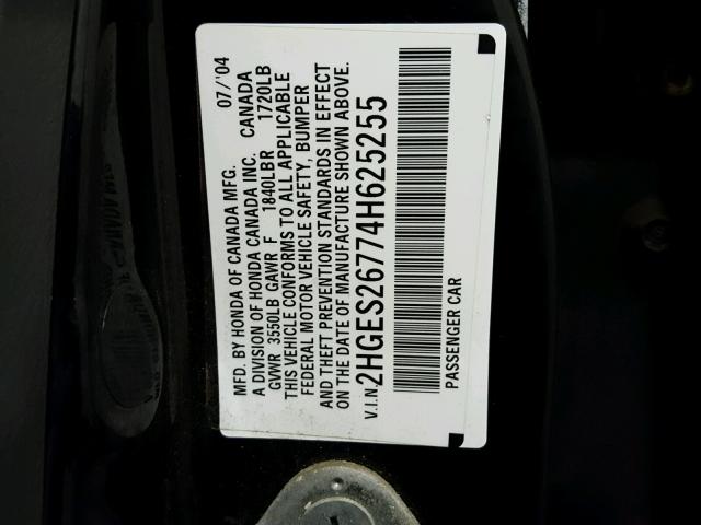 2HGES26774H625255 - 2004 HONDA CIVIC EX შავი ფოტო 10