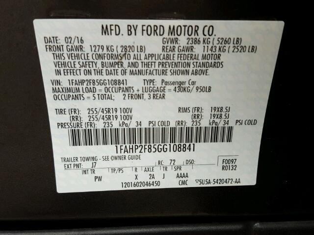 1FAHP2F85GG108841 - 2016 FORD TAURUS LIM GRAY photo 10