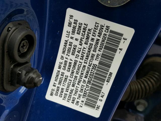 19XFC1F38GE037355 - 2016 HONDA CIVIC EX BLUE photo 10