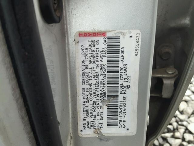 JTDBR32E530045495 - 2003 TOYOTA COROLLA CE SILVER photo 10