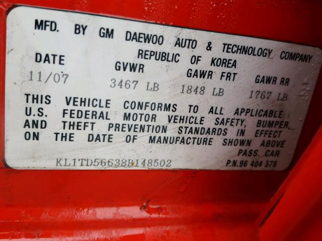 KL1TD56638B148502 - 2008 CHEVROLET AVEO BASE RED photo 10