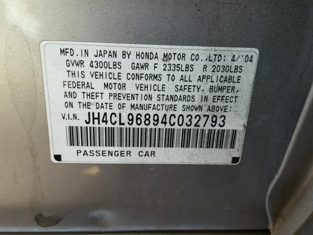 JH4CL96894C032793 - 2004 ACURA TSX SILVER photo 10