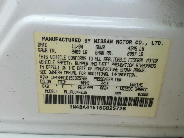 1N4BA41E15C825726 - 2005 NISSAN MAXIMA SE WHITE photo 10