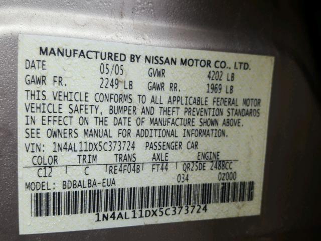 1N4AL11DX5C373724 - 2005 NISSAN ALTIMA S BEIGE photo 10