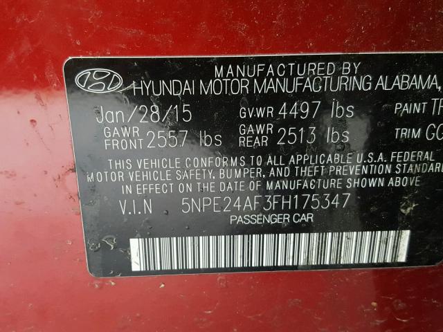 5NPE24AF3FH175347 - 2015 HYUNDAI SONATA SE RED photo 10