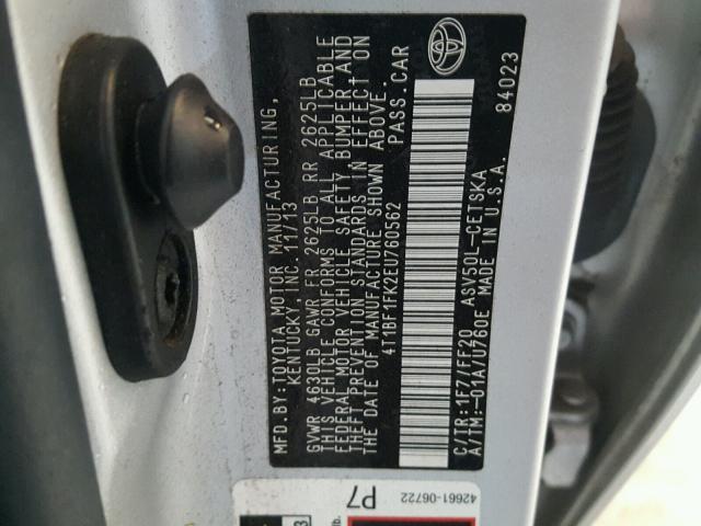 4T1BF1FK2EU760562 - 2014 TOYOTA CAMRY L SILVER photo 10