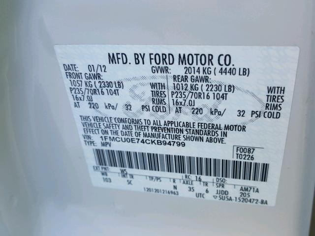 1FMCU0E74CKB94799 - 2012 FORD ESCAPE LIM WHITE photo 10