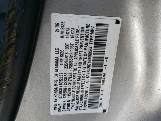 5FNRL38716B069534 - 2006 HONDA ODYSSEY EX SILVER photo 10