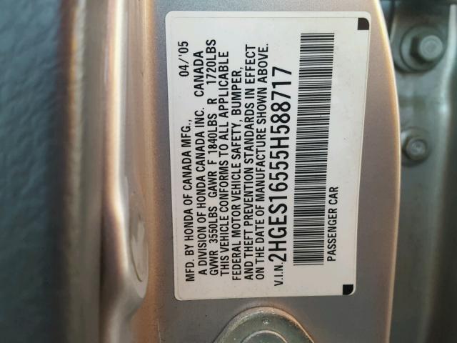 2HGES16555H588717 - 2005 HONDA CIVIC LX SILVER photo 10