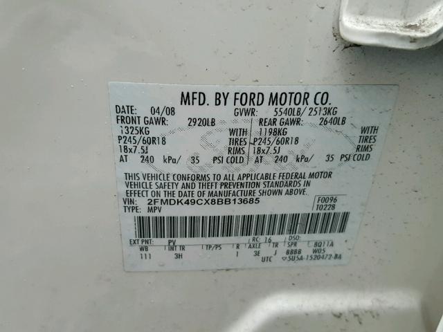 2FMDK49CX8BB13685 - 2008 FORD EDGE LIMIT WHITE photo 10