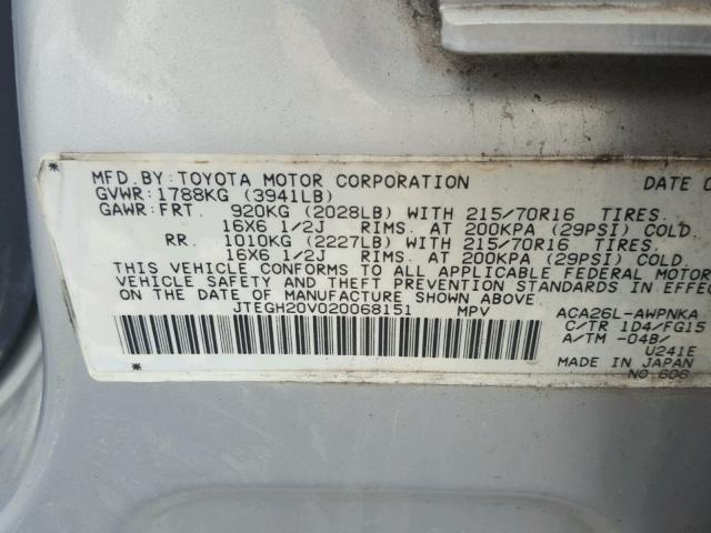 JTEGH20V020068151 - 2002 TOYOTA RAV4 SILVER photo 10