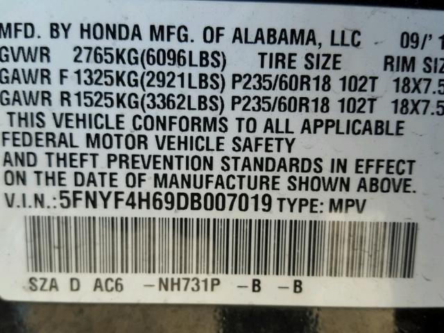 5FNYF4H69DB007019 - 2013 HONDA PILOT EXL BLACK photo 10