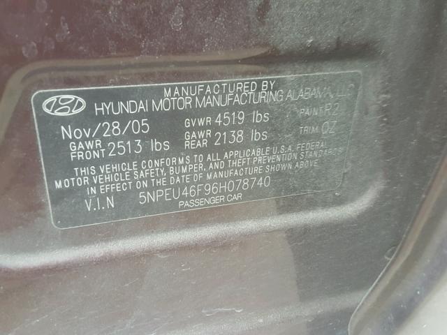 5NPEU46F96H078740 - 2006 HYUNDAI SONATA GLS MAROON photo 10