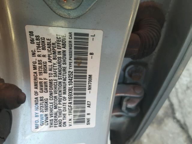 1HGFA169X8L104252 - 2008 HONDA CIVIC EXL ვერცხლისფერი ფოტო 10