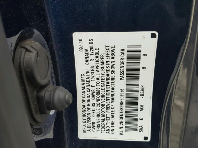 2HGFG1B89BH502956 - 2011 HONDA CIVIC EX ლურჯი ფოტო 10