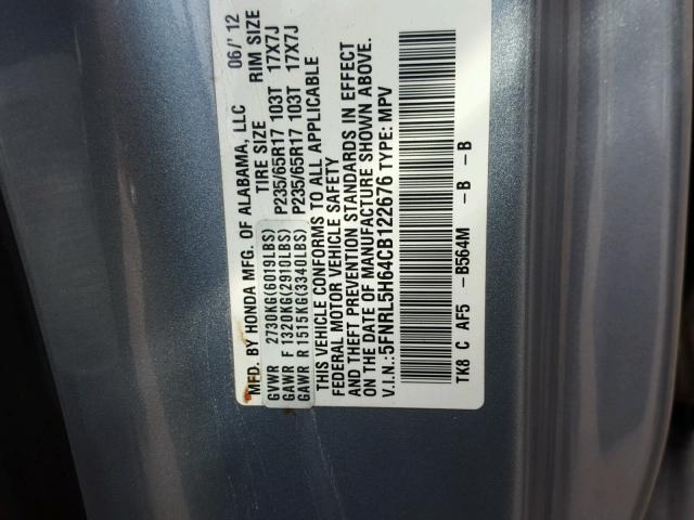 5FNRL5H64CB122676 - 2012 HONDA ODYSSEY EX BLUE photo 10