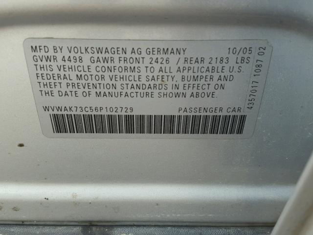 WVWAK73C56P102729 - 2006 VOLKSWAGEN PASSAT 2.0 SILVER photo 10