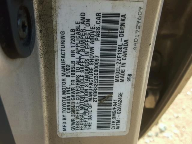 2T1BR32E23C000097 - 2003 TOYOTA COROLLA CE GRAY photo 10