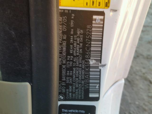 WBAEK13486CN75228 - 2006 BMW 650 I თეთრი ფოტო 10