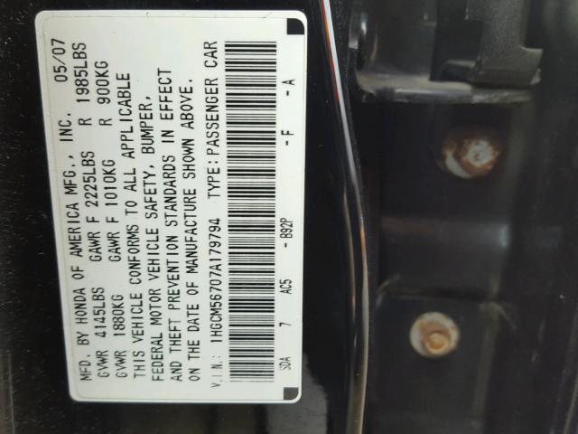 1HGCM56707A179794 - 2007 HONDA ACCORD EX BLACK photo 10