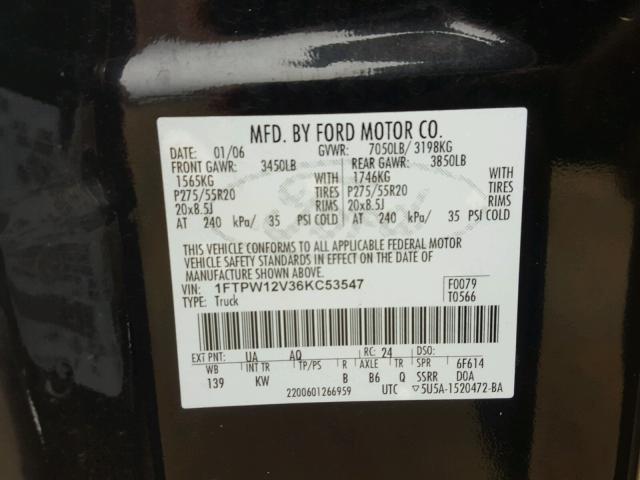 1FTPW12V36KC53547 - 2006 FORD F150 SUPER BLACK photo 10