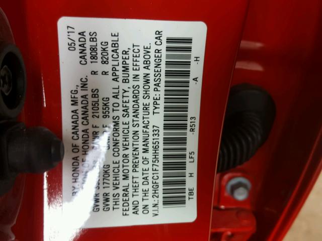 2HGFC1F75HH651337 - 2017 HONDA CIVIC EXL RED photo 10