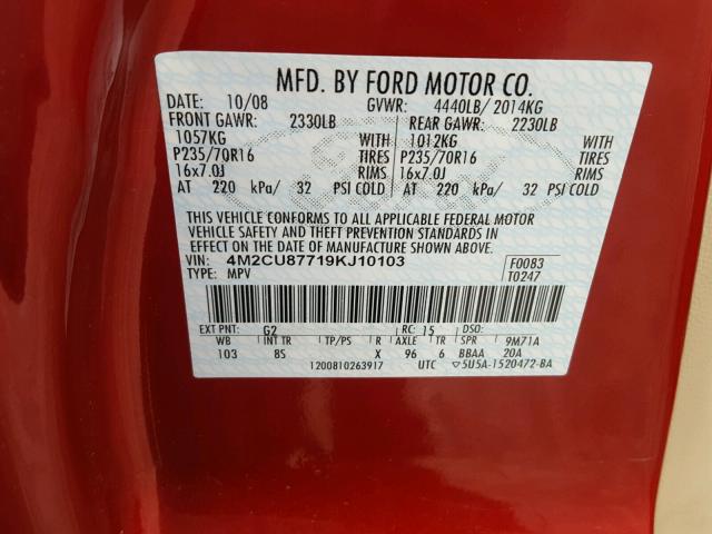 4M2CU87719KJ10103 - 2009 MERCURY MARINER PR RED photo 10