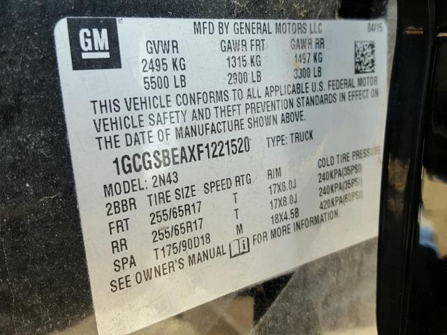 1GCGSBEAXF1221520 - 2015 CHEVROLET COLORADO L BLACK photo 10