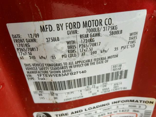 1FTEW1E83AFB27140 - 2010 FORD F150 SUPER RED photo 10