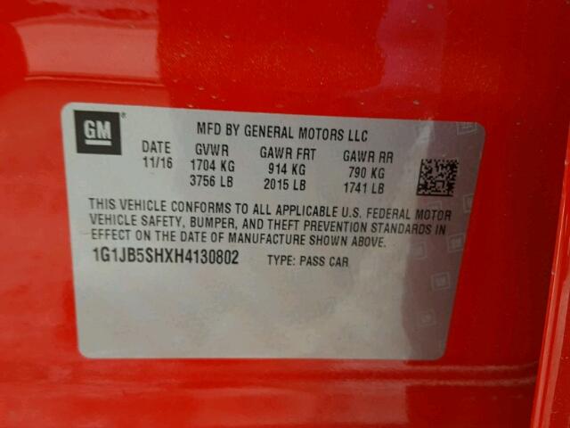 1G1JB5SHXH4130802 - 2017 CHEVROLET SONIC LS RED photo 10