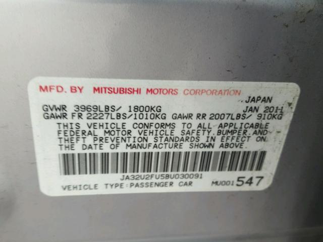 JA32U2FU5BU030091 - 2011 MITSUBISHI LANCER ES/ SILVER photo 10