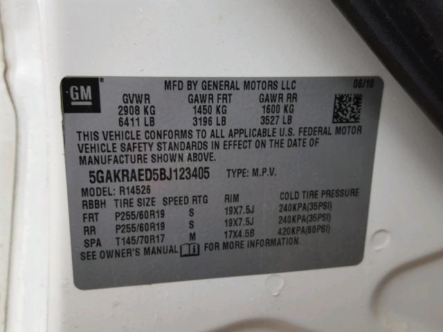 5GAKRAED5BJ123405 - 2011 BUICK ENCLAVE CX WHITE photo 10