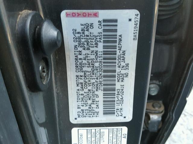 JTDBE32K320081511 - 2002 TOYOTA CAMRY LE GRAY photo 10